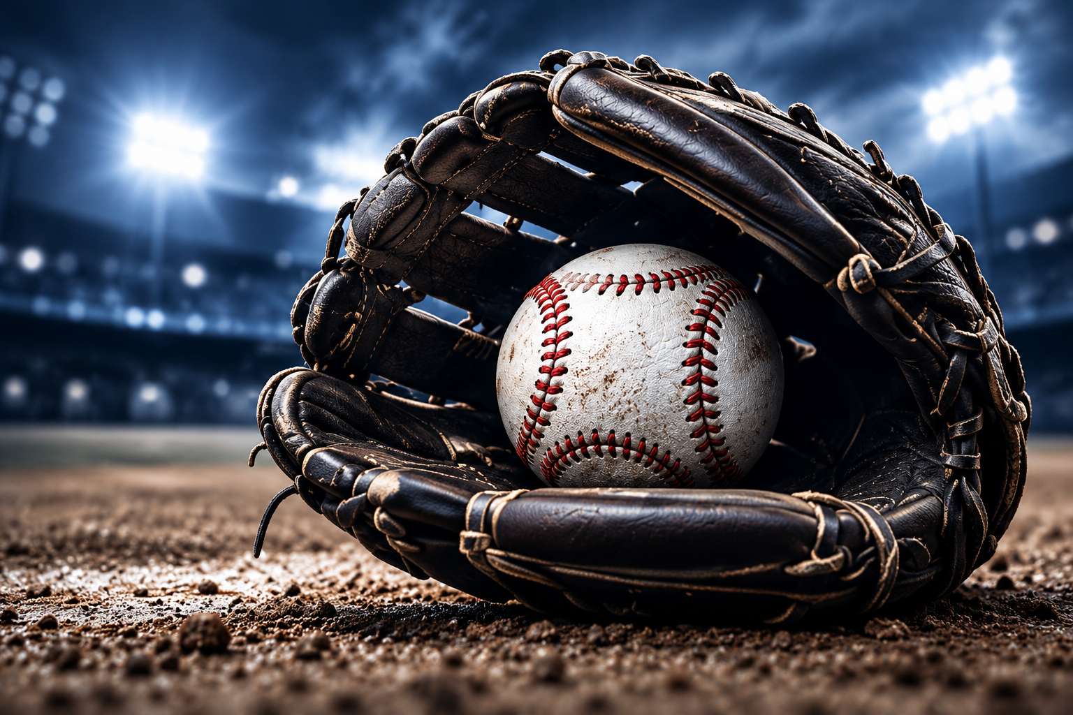 Sharp close-up of a baseball in a leather glove